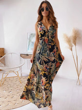 Deep V Neck Print Sleeveless Boho Dress