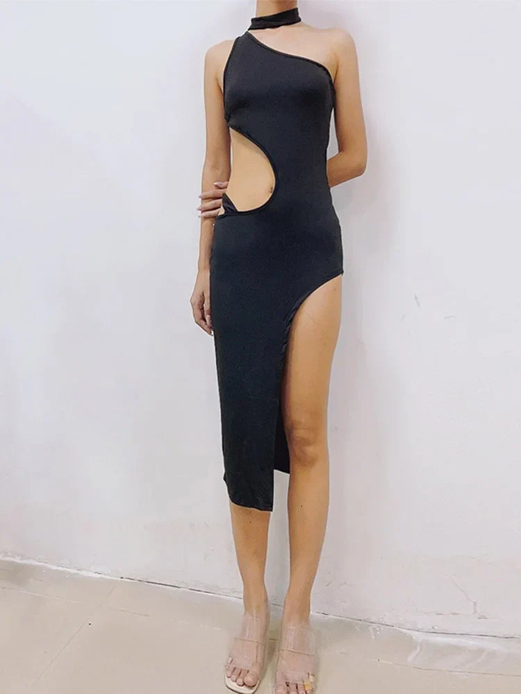 Sexy Elegant Sleeveless Cut Out Irregular High Split Club Female Midi Dresses