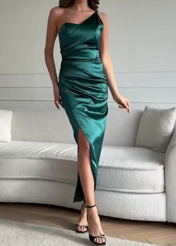 Satin One Shoulder Sleeveless Ruched Diagonal Seam High Split Maxi Dress