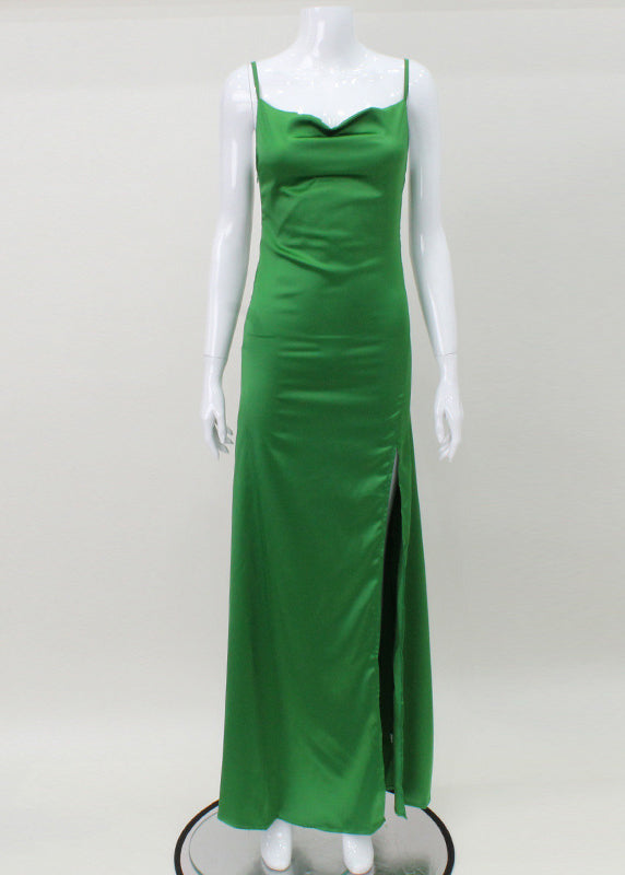 Satin Cowl Neck Spaghetti Strap Side Ruched Gathered High Split Maxi Gown
