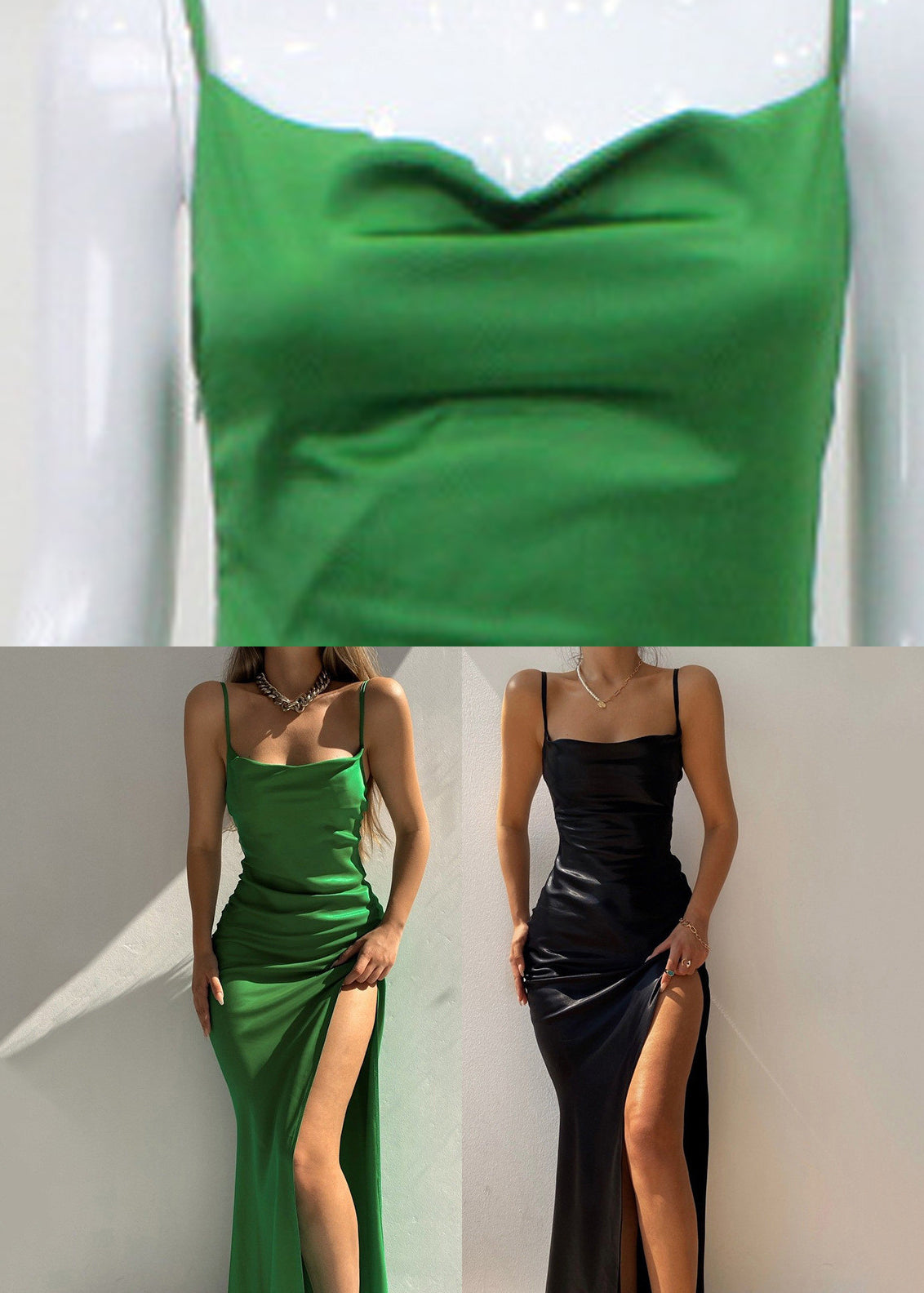 Satin Cowl Neck Spaghetti Strap Side Ruched Gathered High Split Maxi Gown