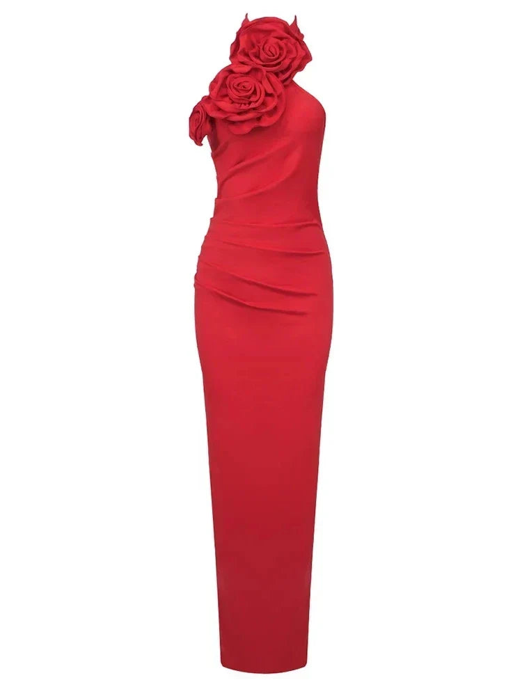 Halter Neck Rosette Applique Sleeveless Ruched Column Maxi Dress 8