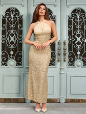 Patchwork Backless Halter-Neck Sheer Mesh Sequin Dress