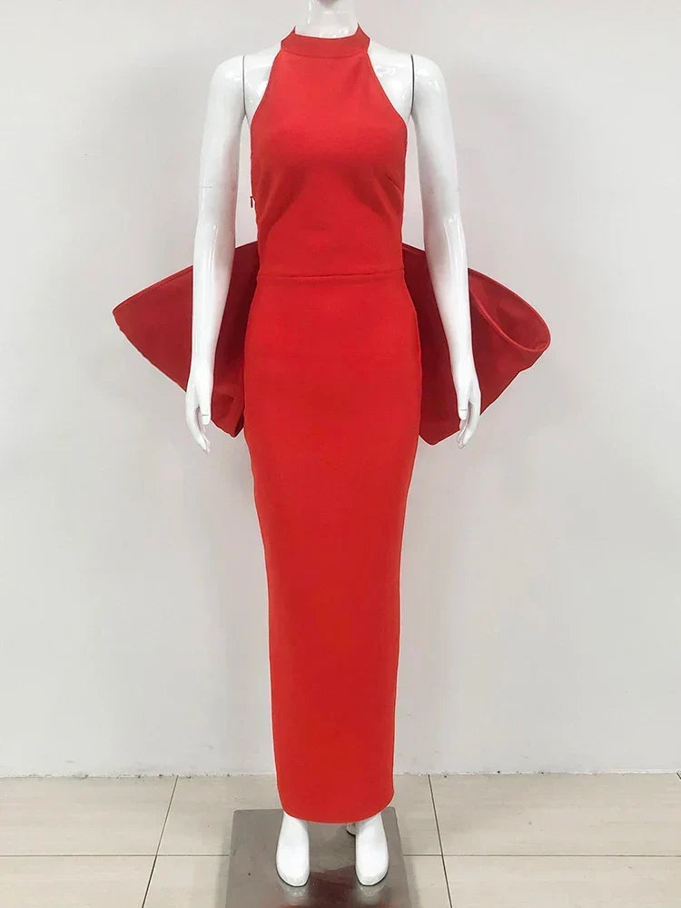 Halter Neck Sleeveless Oversized Back Bow Bodycon Maxi Dress 5