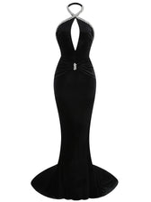 Sexy Halter Neck Diamonds Chain Hollow Out Black Velvet Sleeveless Christmas Party Dress / Xs