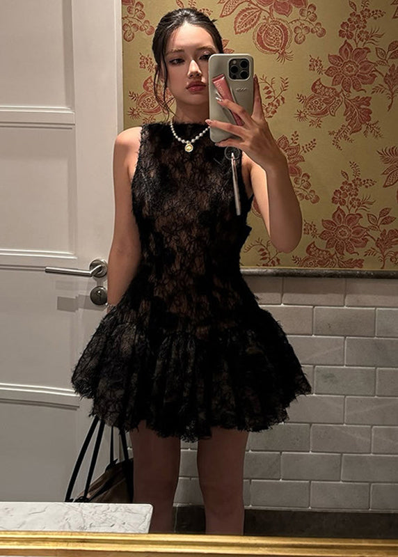 Lace Fringe High Neck Sleeveless Tiered Ruffle Fit and Flare Mini Dress