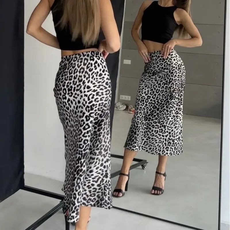 Sexy Leopard Print Long Vintage Satin Skirt