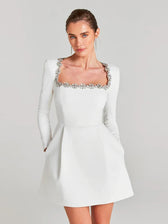 Sexy Long Sleeves Square Collar Crystal A-Line Slim Dress Elegant Party Dress
