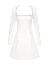Sexy Long Sleeves Square Collar Crystal A-Line Slim Dress Elegant Christmas Party White / Xs