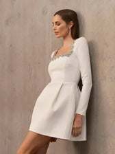 Sexy Long Sleeves Square Collar Crystal A-Line Slim Dress Elegant Party Dress