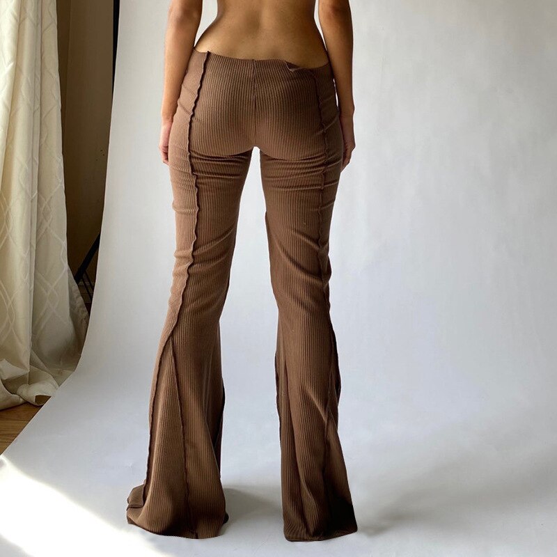 Mojoyce Low Waist Flare Pants Brown Y2k Style Contrast Stitch Knitted Wide Leg Pants Womens Summer Bottoms