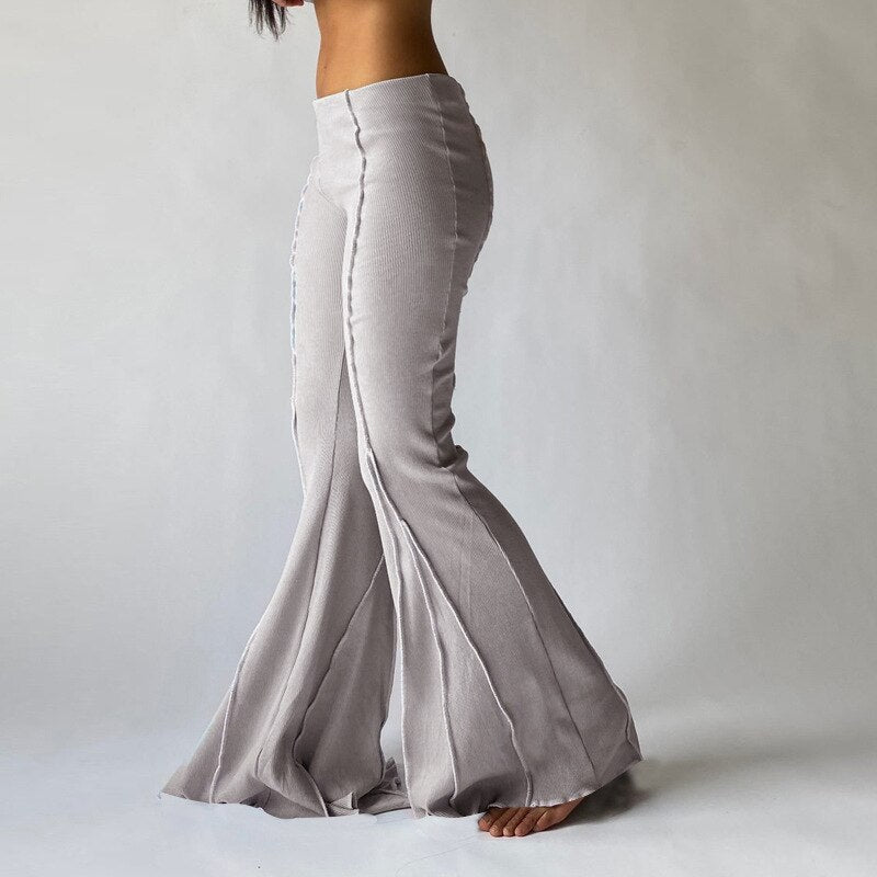 Mojoyce Low Waist Flare Pants Brown Y2k Style Contrast Stitch Knitted Wide Leg Pants Womens Summer Bottoms