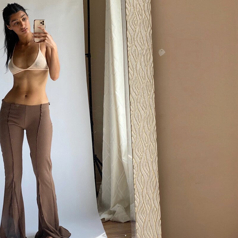 Mojoyce Low Waist Flare Pants Brown Y2k Style Contrast Stitch Knitted Wide Leg Pants Womens Summer Bottoms