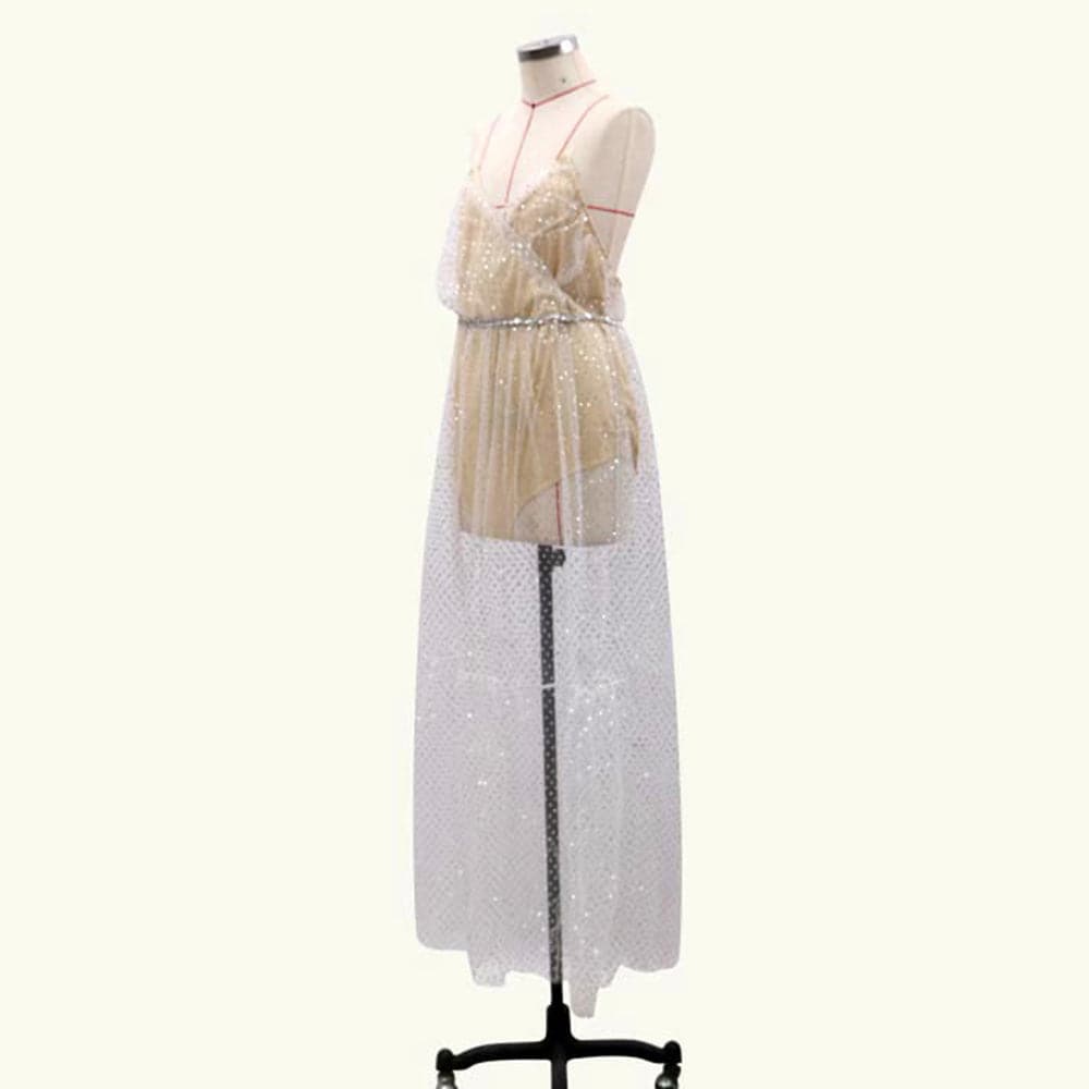Mesh Sequin Dot Spaghetti Strap Backless Tiered Prom Maxi Gown