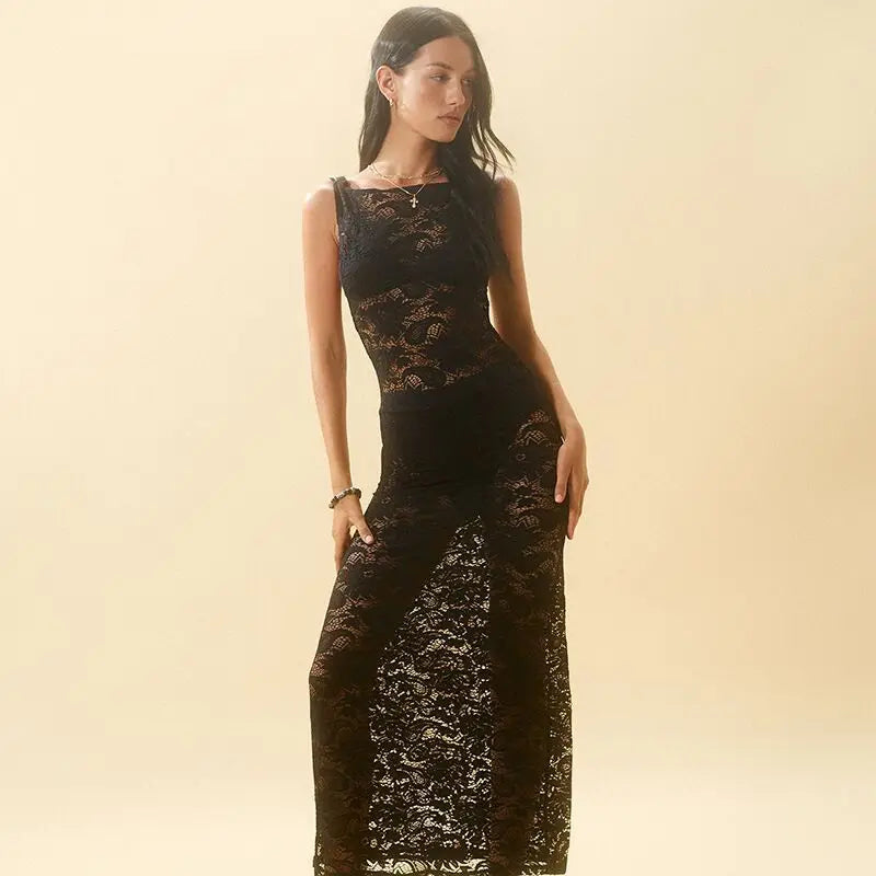 Sheer Floral Lace Sleeveless High Neck Bodycon Maxi Dress 5