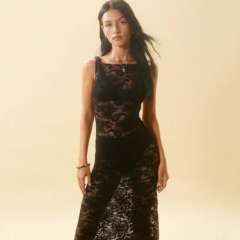 Sheer Floral Lace Sleeveless High Neck Bodycon Maxi Dress 4