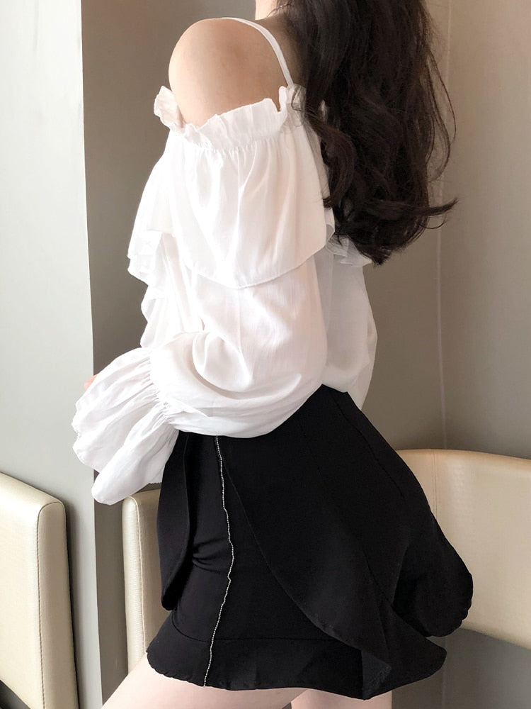Cold Shoulder Ruffle Trim Button Front Flounce Cuff Long Sleeve Blouse 6