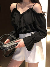 Casual Loose Spaghetti Strap Flare Sleeve Ruffles Tops