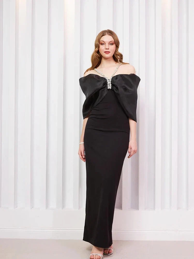 Sexy Off Shoulder Diamond Straps Bandage Black Pleated Shiny Celebrity Christmas Party Dress / Xs