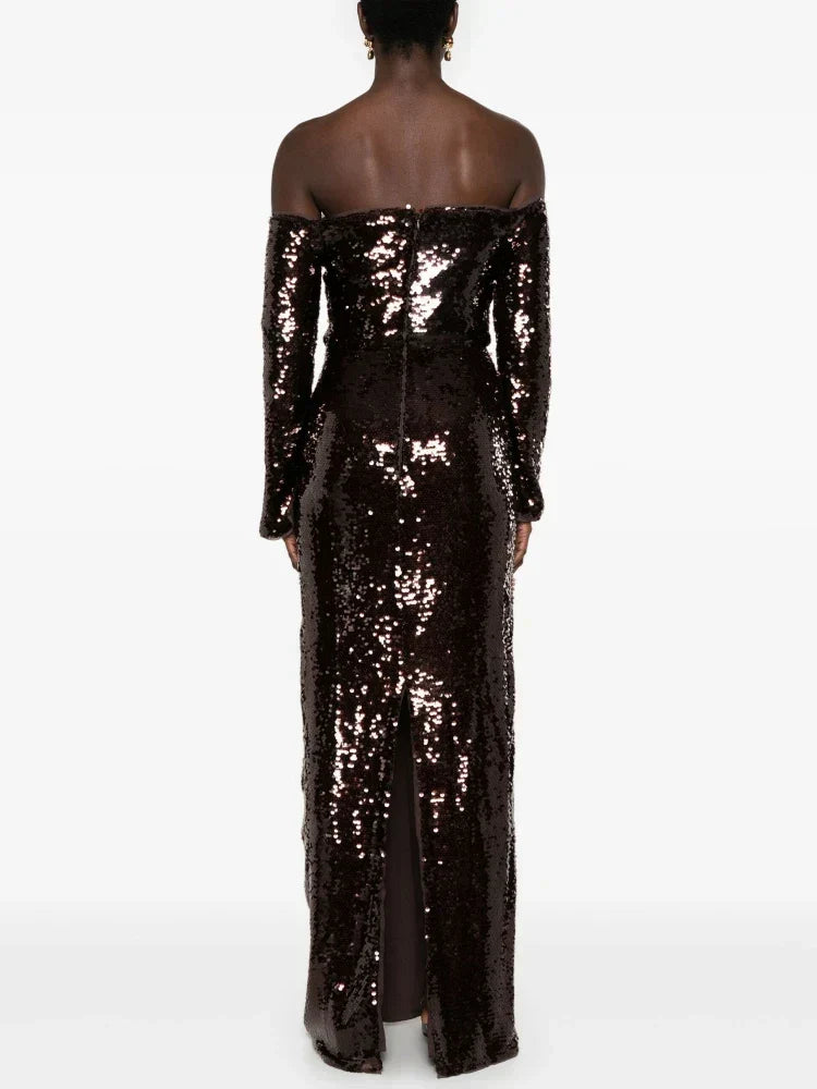 Sequin Off Shoulder Long Sleeve Notched Neck Maxi Gown 6