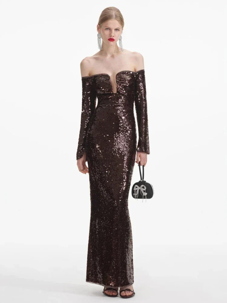 Sequin Off Shoulder Long Sleeve Notched Neck Maxi Gown