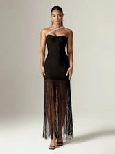 Sexy One Shoulder Diamonds Strap Tassel Bandage Dress Shiny Rhinestone Party Dress