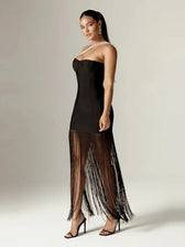 Sexy One Shoulder Diamonds Strap Tassel Bandage Dress Shiny Rhinestone Party Dress