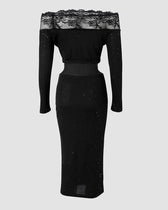 Off Shoulder Long Sleeve Contrast Lace Glitter Bodycon Mini Dress