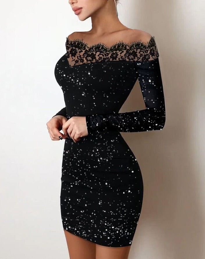 Glitter Lace Trim Off Shoulder Long Sleeve Bodycon Mini Dress