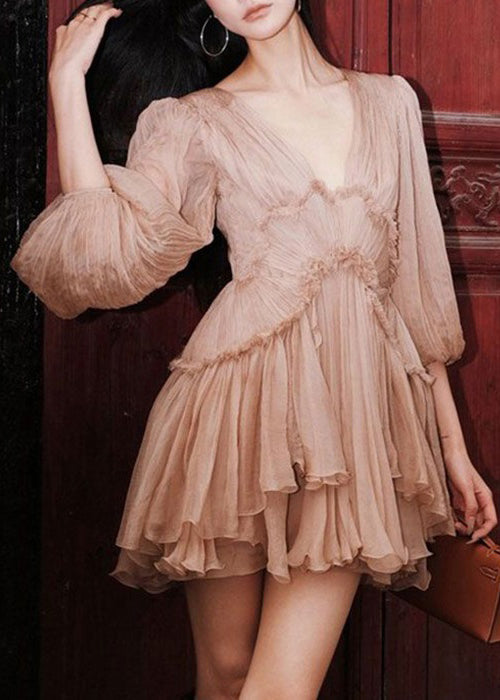 Sexy Pink Ruffled Lace Up Patchwork Chiffon Mid Dress Half Sleeve 2