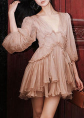 Sexy Pink Ruffled Lace Up Patchwork Chiffon Mid Dress Half Sleeve 2