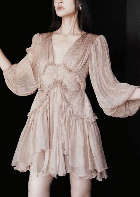 Sexy Pink Ruffled Lace Up Patchwork Chiffon Mid Dress Half Sleeve 3