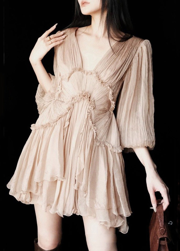 Sexy Pink Ruffled Lace Up Patchwork Chiffon Mid Dress Half Sleeve 4