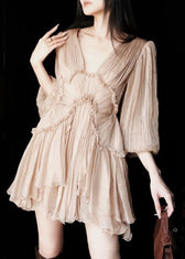 Sexy Pink Ruffled Lace Up Patchwork Chiffon Mid Dress Half Sleeve 4
