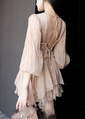 Sexy Pink Ruffled Lace Up Patchwork Chiffon Mid Dress Half Sleeve 5
