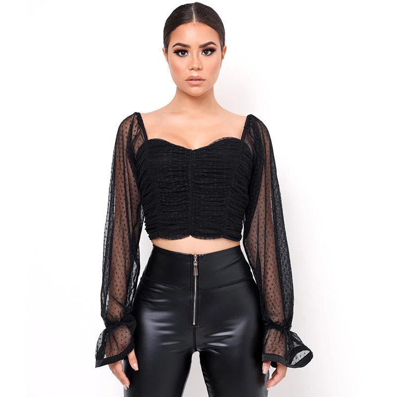 Polka Dots Mesh Chiffon Crop Top