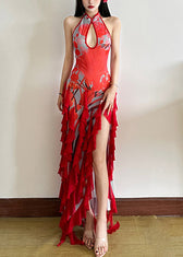 Sexy Red Backless Ruffled Side Open Tulle Long Dresses Summer 2