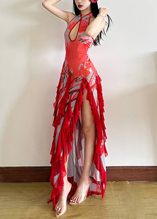 Sexy Red Backless Ruffled Side Open Tulle Long Dresses Summer 4