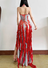 Sexy Red Backless Ruffled Side Open Tulle Long Dresses Summer 5