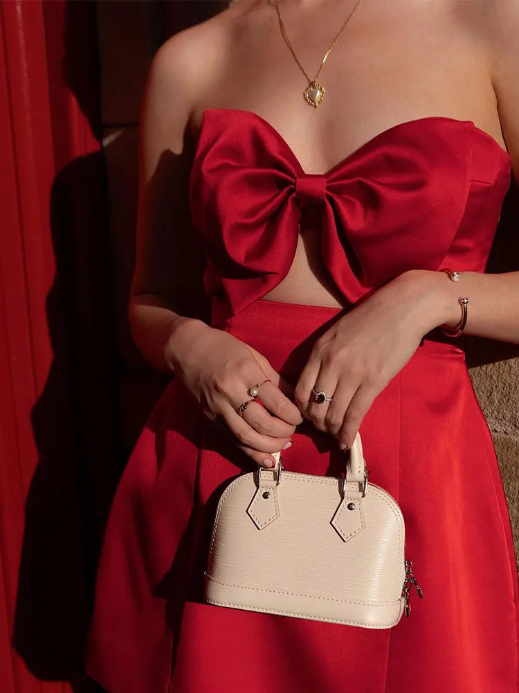 Satin Strapless Bow Front Cut Out A-Line Mini Dress