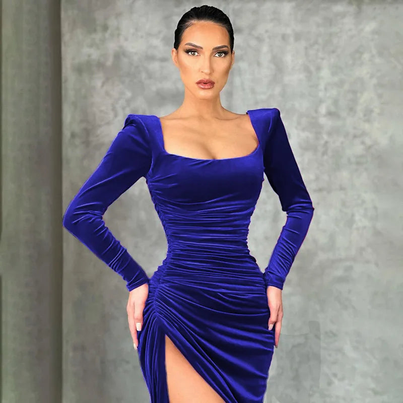 Velvet Square Neck Long Sleeve Ruched High Split Midi Dress 2