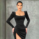 Sexy Red Velvet Elegant Midi Christmas Party Dress Black / S Dresses-L