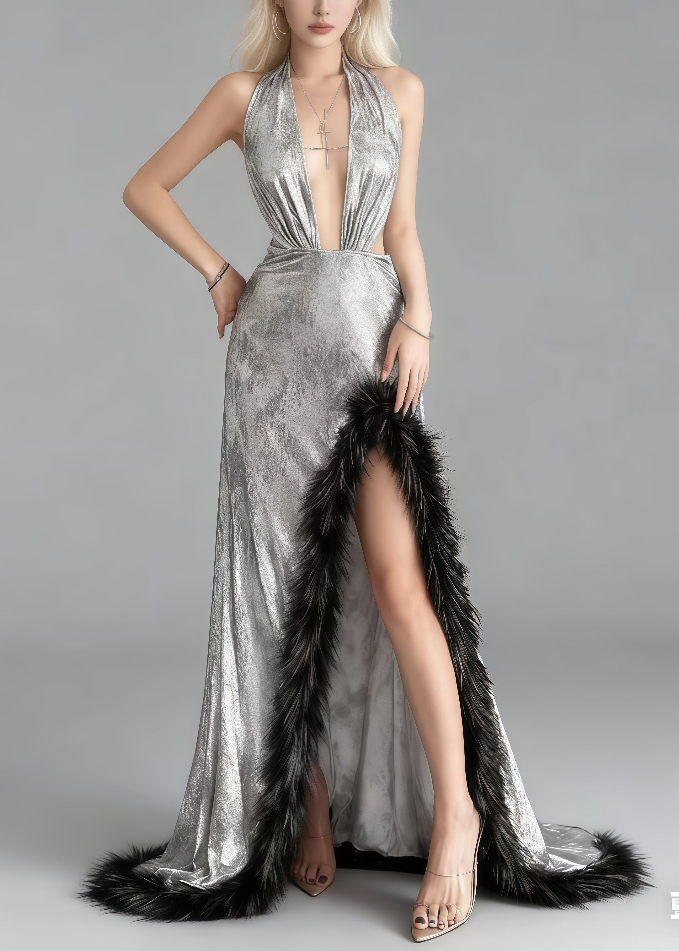 Metallic Halter Neck Deep V-Neck Cut Out High Split Faux Fur Trim Maxi Gown