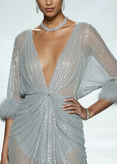 Mesh Sequin Deep V-Neck Faux Fur Cuff Ruched High Low Midi Dress