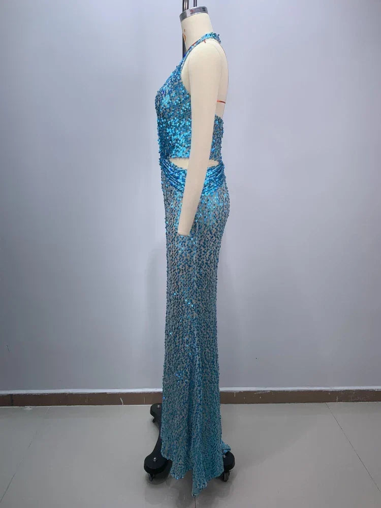Deep V-Neck Sequin Maxi Dress