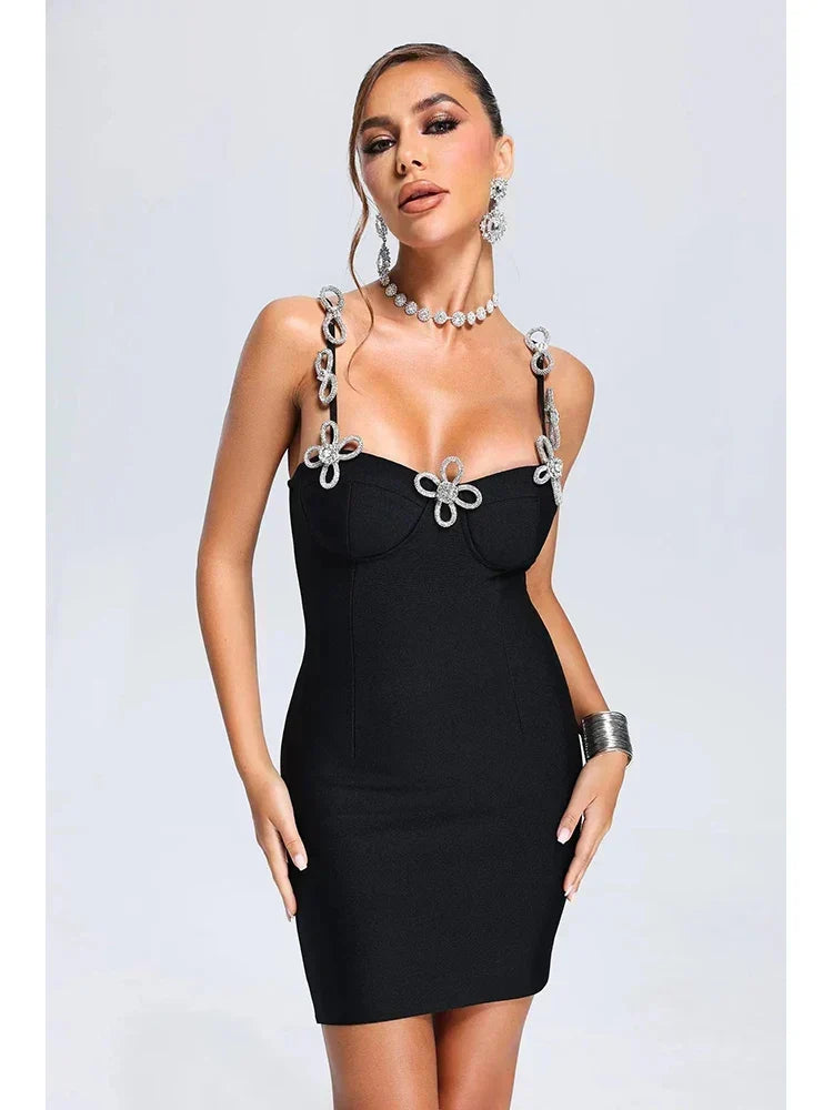 Rhinestone Flower Strap Sweetheart Bustier Bodycon Mini Dress