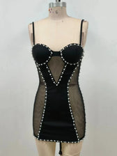 Sexy Spaghetti Strap Mesh Patchwork Pearl Mini Black Sleeveless Christmas Party Dress / Xs Dresses-L