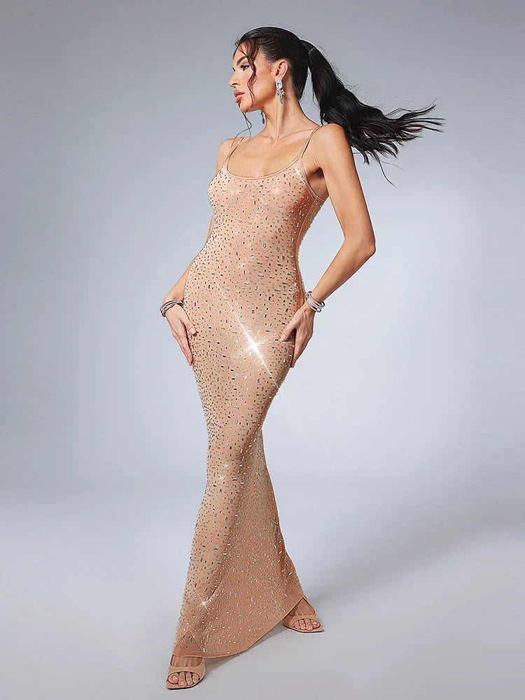 Spaghetti Strap Rhinestone Sheer Mesh Bodycon Maxi Party Dress