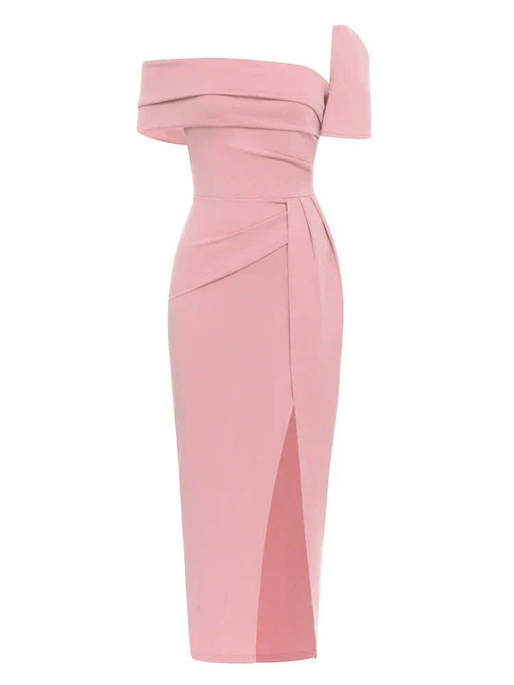 Sexy Square Collar Folds Design Long Dress Short Sleeves Christmas Party Pink / S Dresses-L
