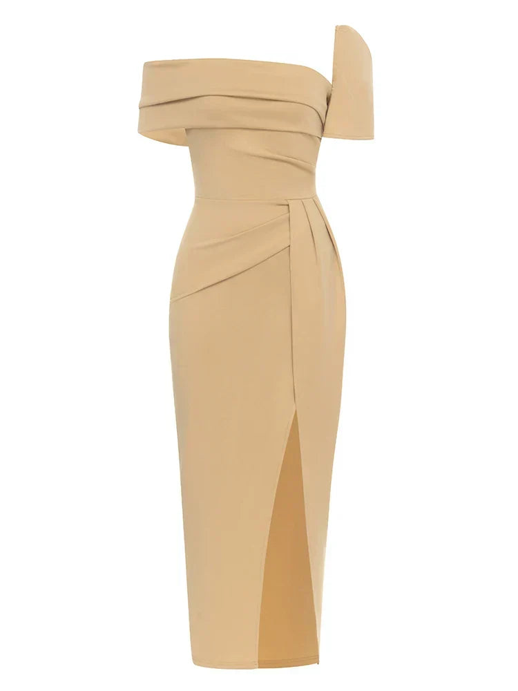 Sexy Square Collar Folds Design Long Dress Short Sleeves Christmas Party Yellow / S Dresses-L
